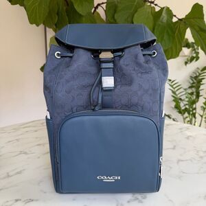 NWT Coach Racer Backpack In Signature Jacquard & Leather Denim Blue Silver CW172